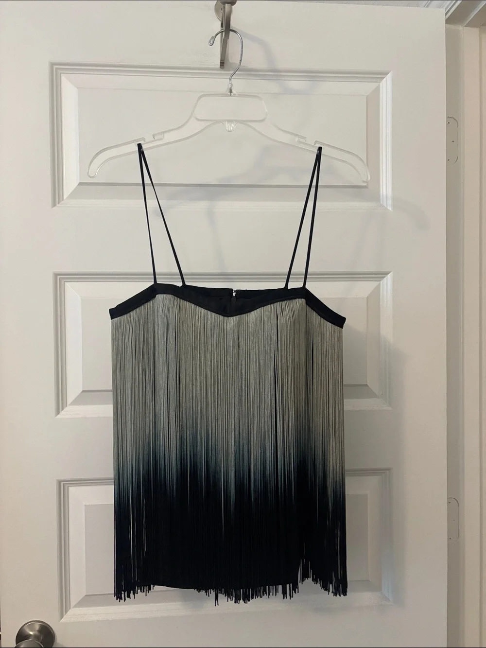 VTG Foley + Corinna Sea moss Ombré Black Spaghetti Strap Fringe Top SZ SM Silk